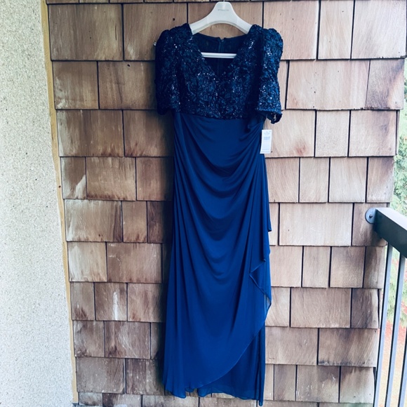 Alex Evenings Long Empire Waist Dress Soutache Bodice Cascade Ruffle Skirt 10 - Picture 4 of 15